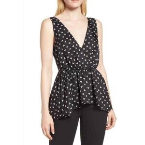 Lewit Black Silk Sleeveless V-Neck Peplum Top with White Micro Floral Print, S
